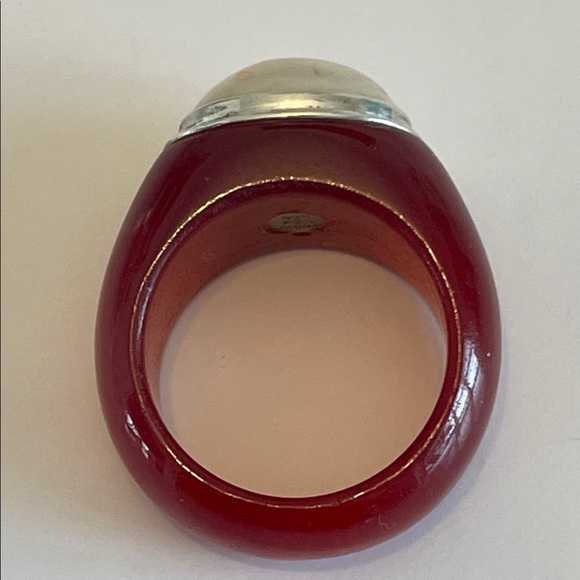 Genuine Red Jade Ring With Mabe Pearl In 925 Sterling Silver Bezel Setting - Picture 15 of 16